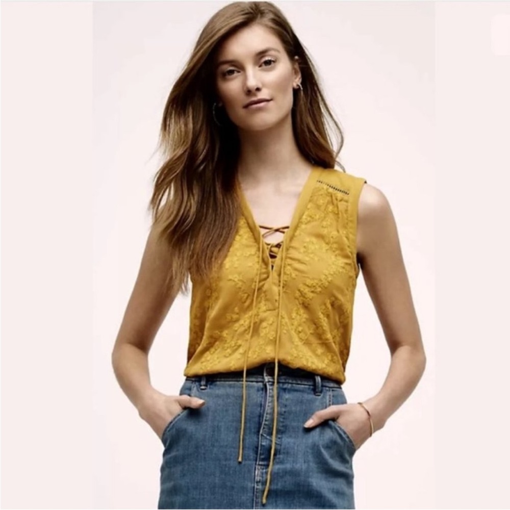 Maeve by Anthropology Mustard Yellow Embroidered Sleeveless Lace-Up Blouse